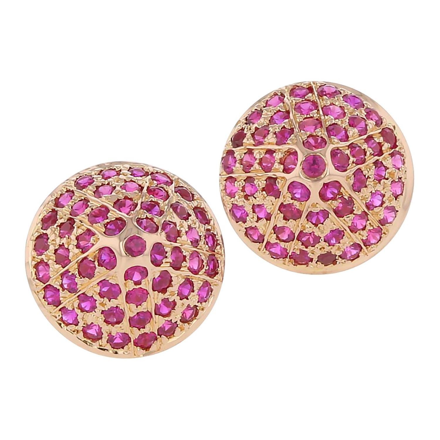 Cone Shapped Pave Ruby Matte Gold Stud Earrings