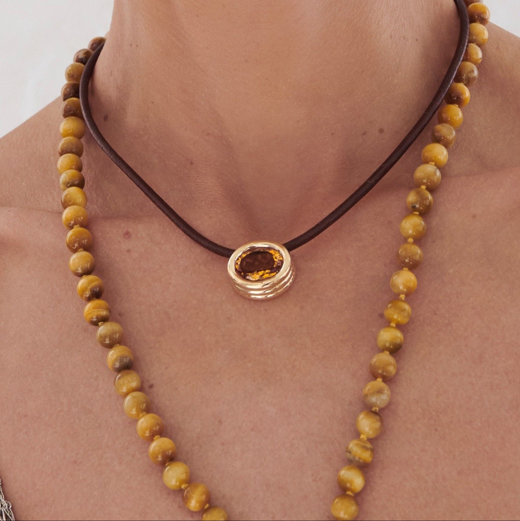 Vintage Carved Coral Scuba Choker in Black Leather and Yellow Gold