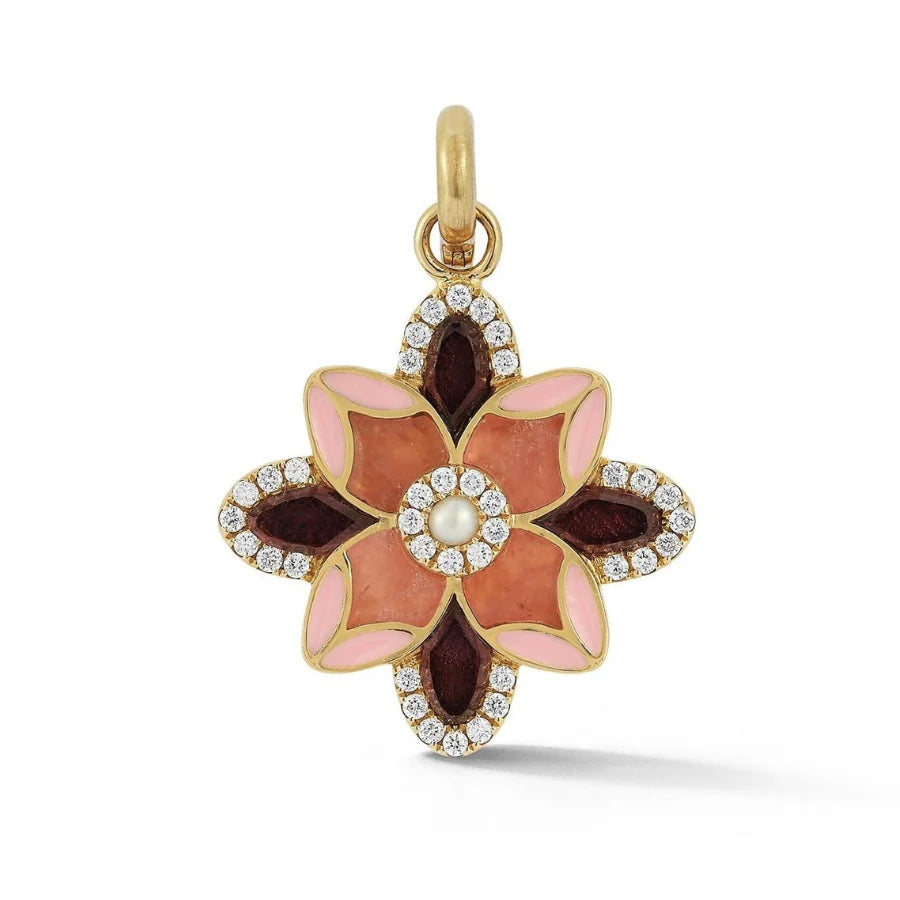 Rubellite and Rhodochrosite Violet Flower Charm in Yellow Gold