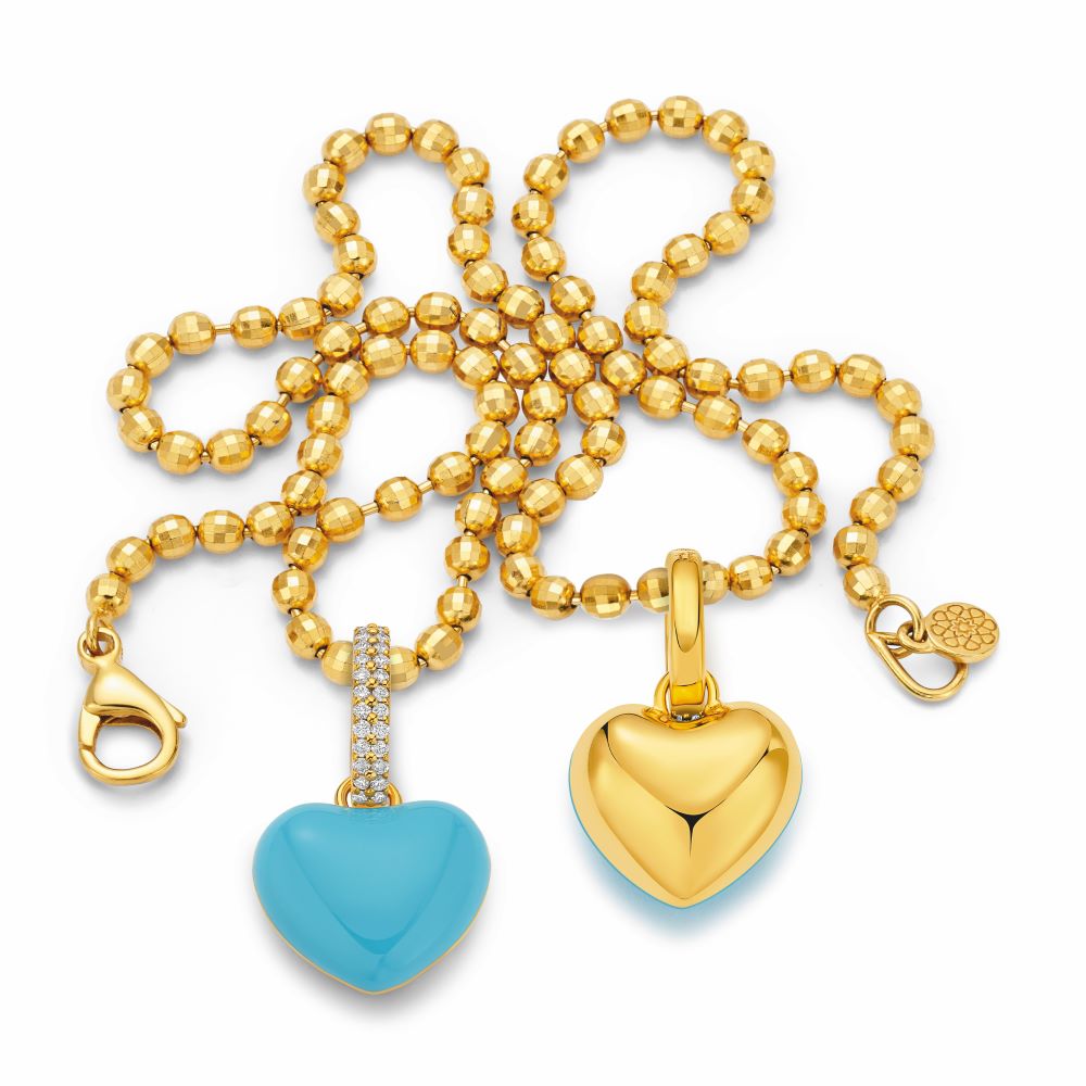 Two Buddha Mama Puffy Heart Pendants with turquoise stones and sky blue enamel pendant.