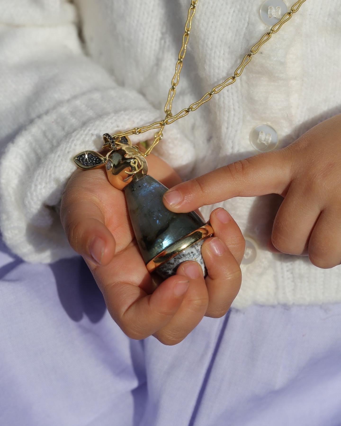 Opal and Labradorite Jerboa Necklace in Yellow Gold