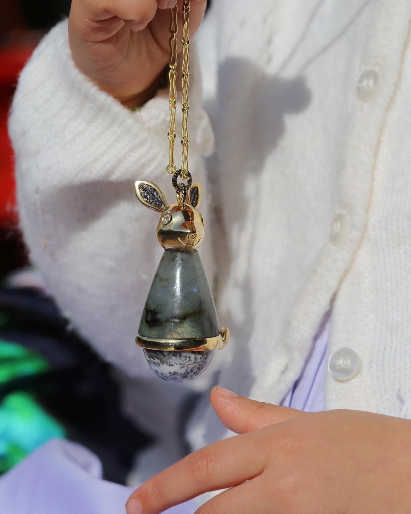 Opal and Labradorite Jerboa Necklace in Yellow Gold
