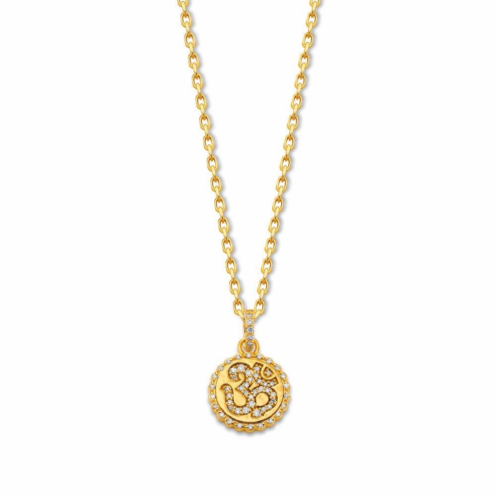 A Baby Om Coin Pendant from Buddha Mama with an engraved om symbol on a chain.