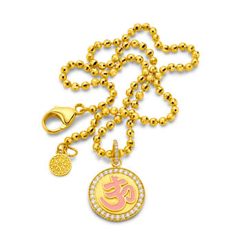 Pink Enamel and Yellow Gold OM Pendant