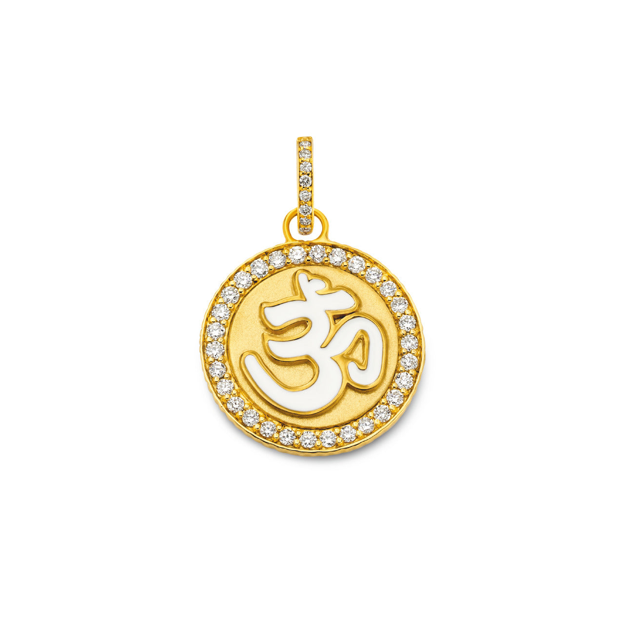 White Diamond OM Coin Pendant in Yellow Gold