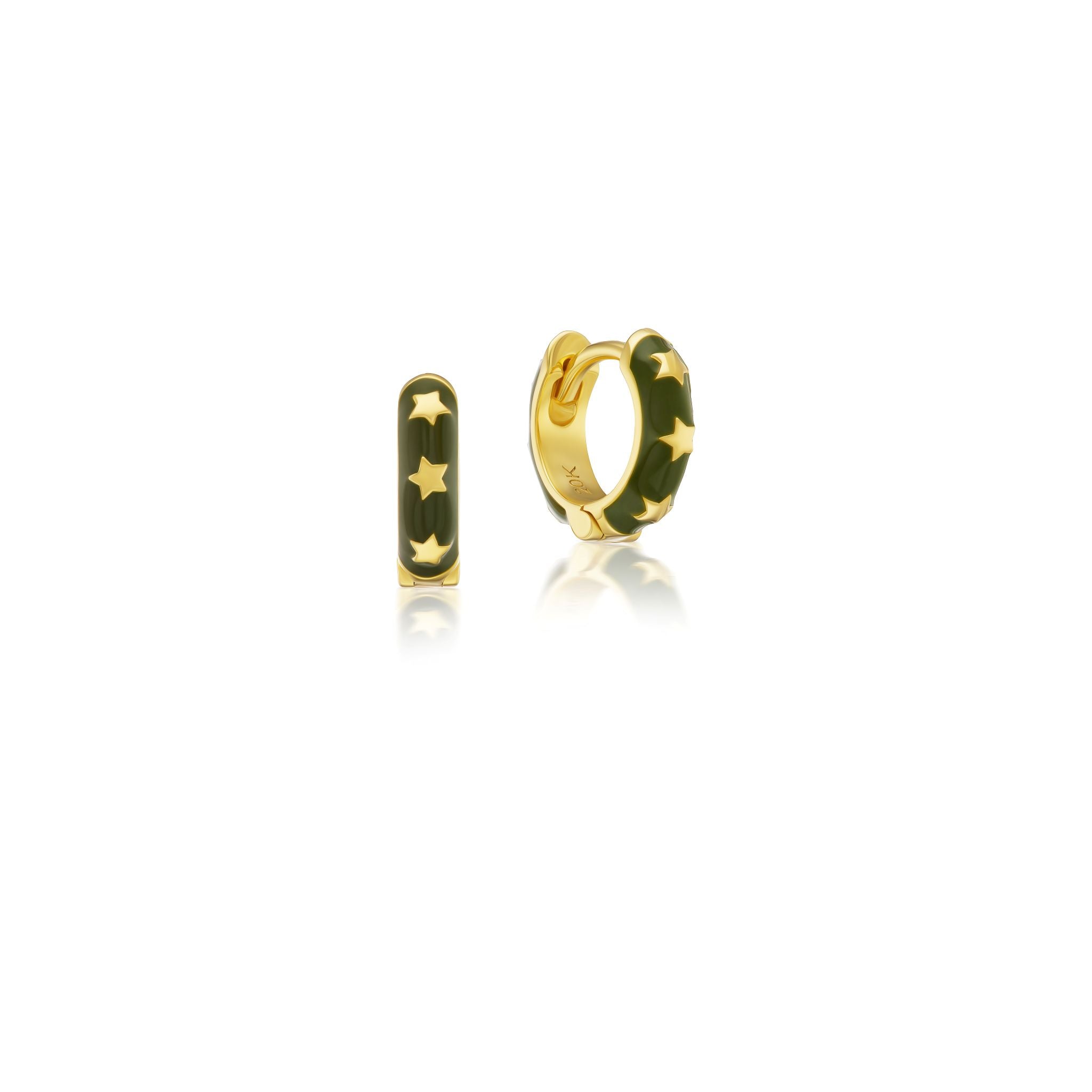 Star Huggie Hoops with Army Green Enamel