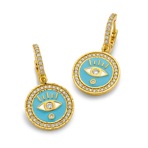 Sky Blue Evil Eye Coin Drop Earrings