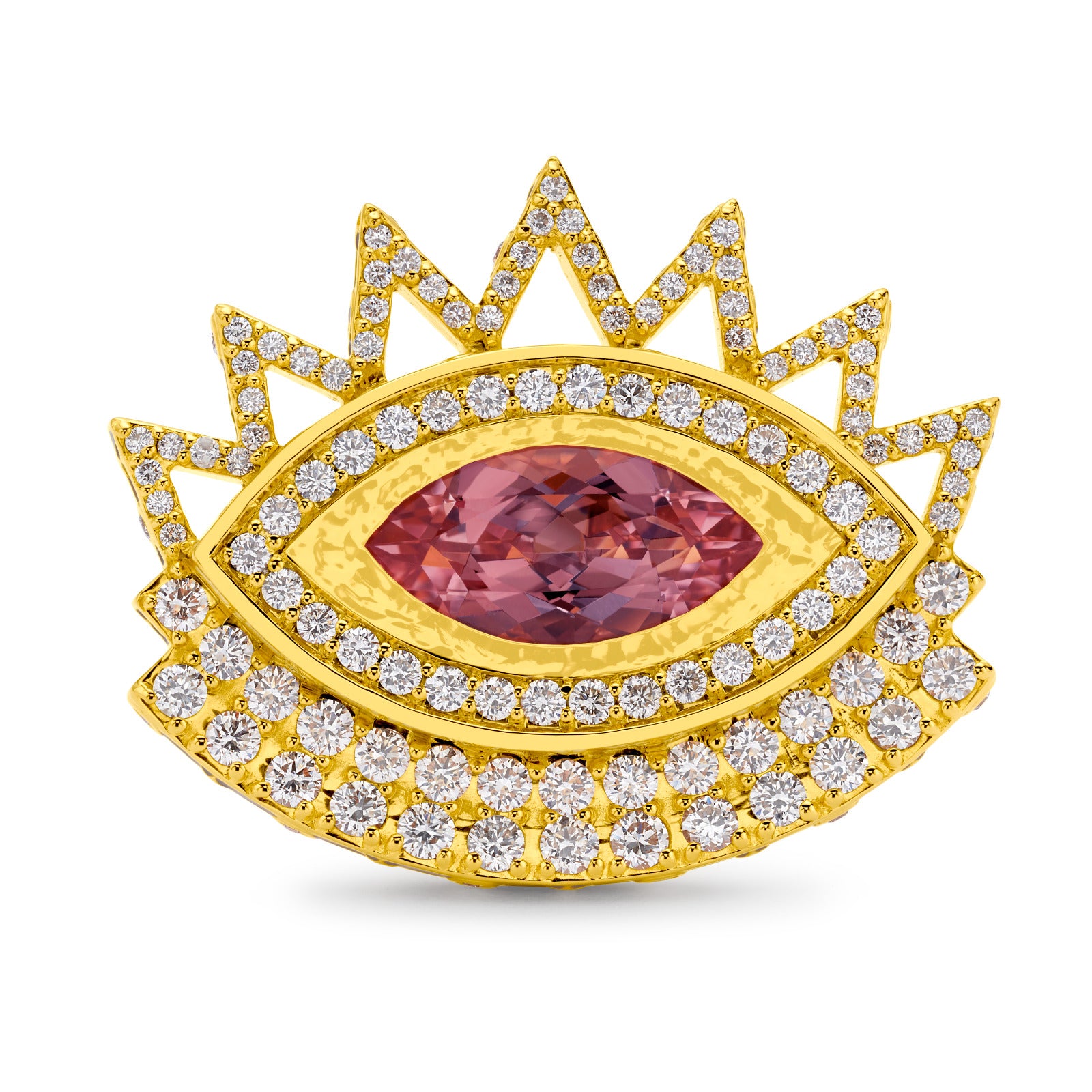 Marquise Cut Morganite and White Diamond Yellow Gold Evil Eye Ring
