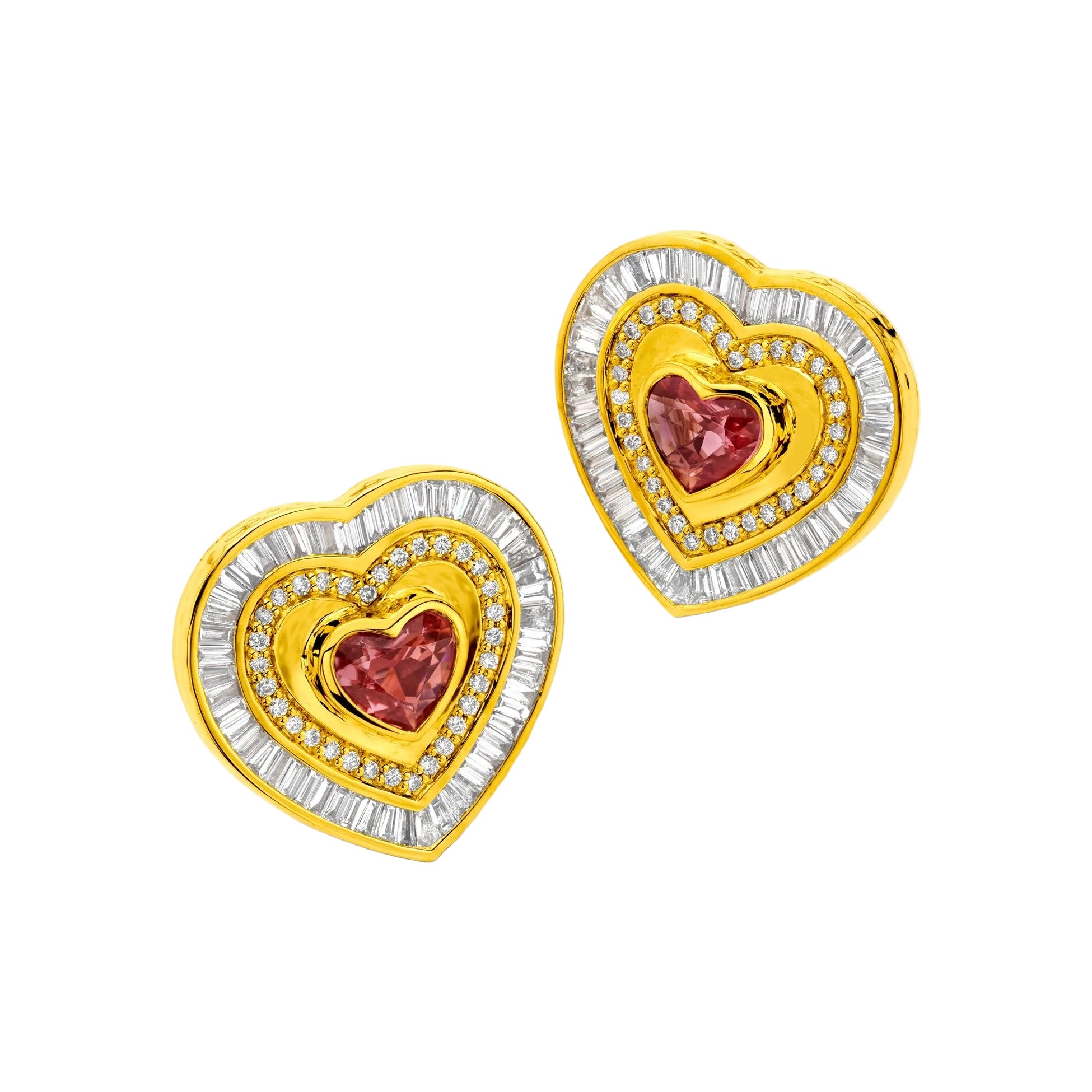 Pink Tourmaline Heart Omega Earrings in Yellow Gold