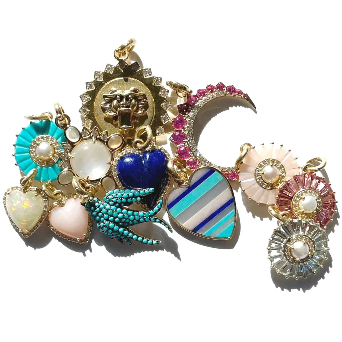 Turquoise and White Pearl Emily Charm in Yellow Gold