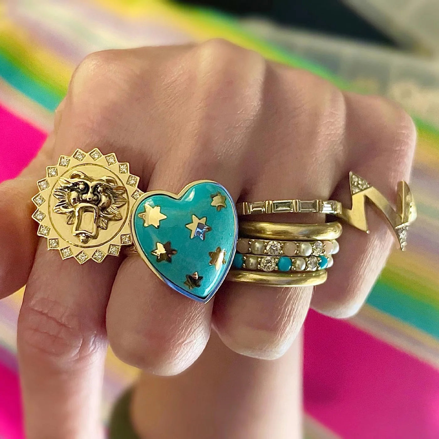 White Diamond Leo Signet Ring in Yellow Gold