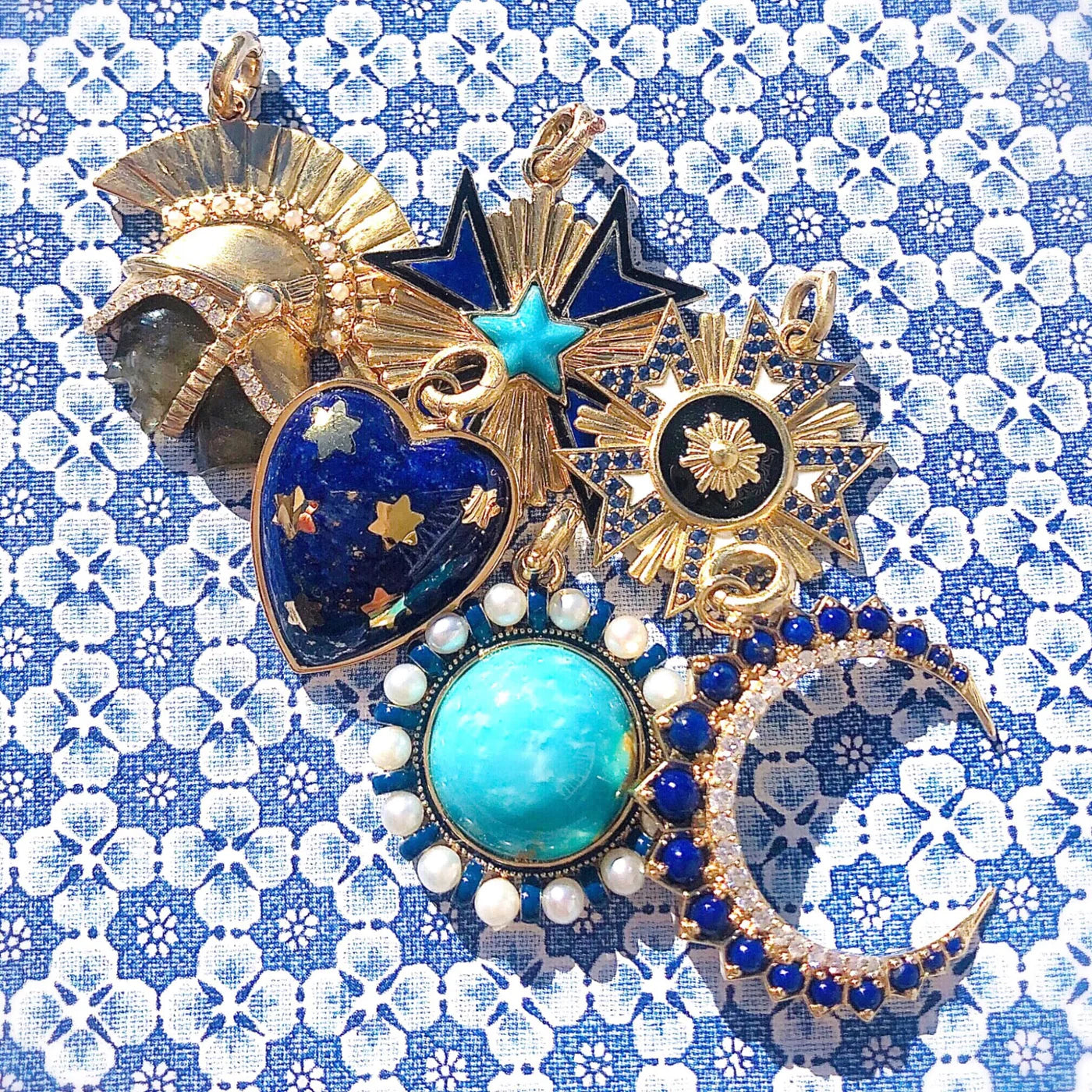 Turquoise and Pearl Libby Charm in Yellow Gold