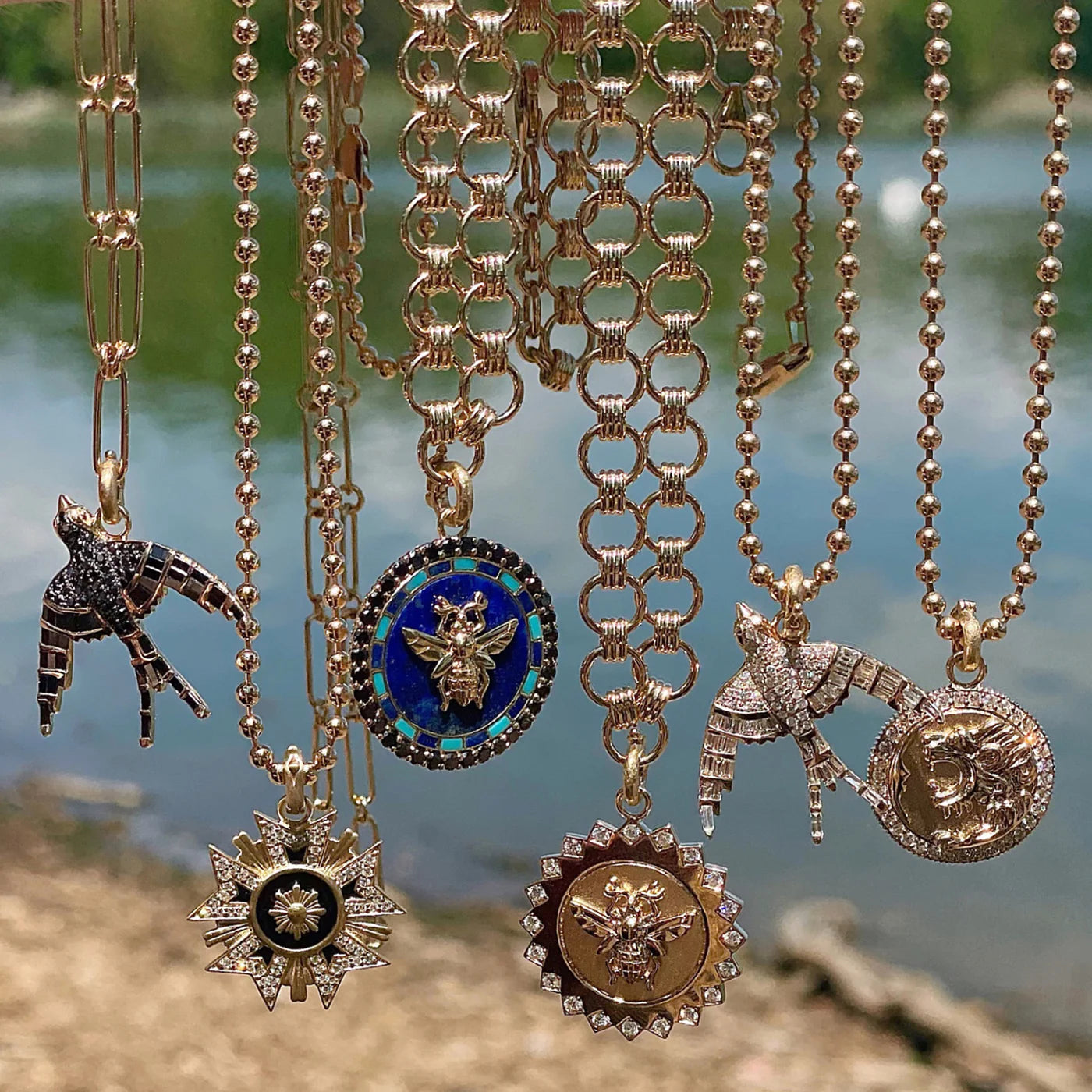 Lapis and Black Diamond Madelline Bee Medallion in Yellow Gold