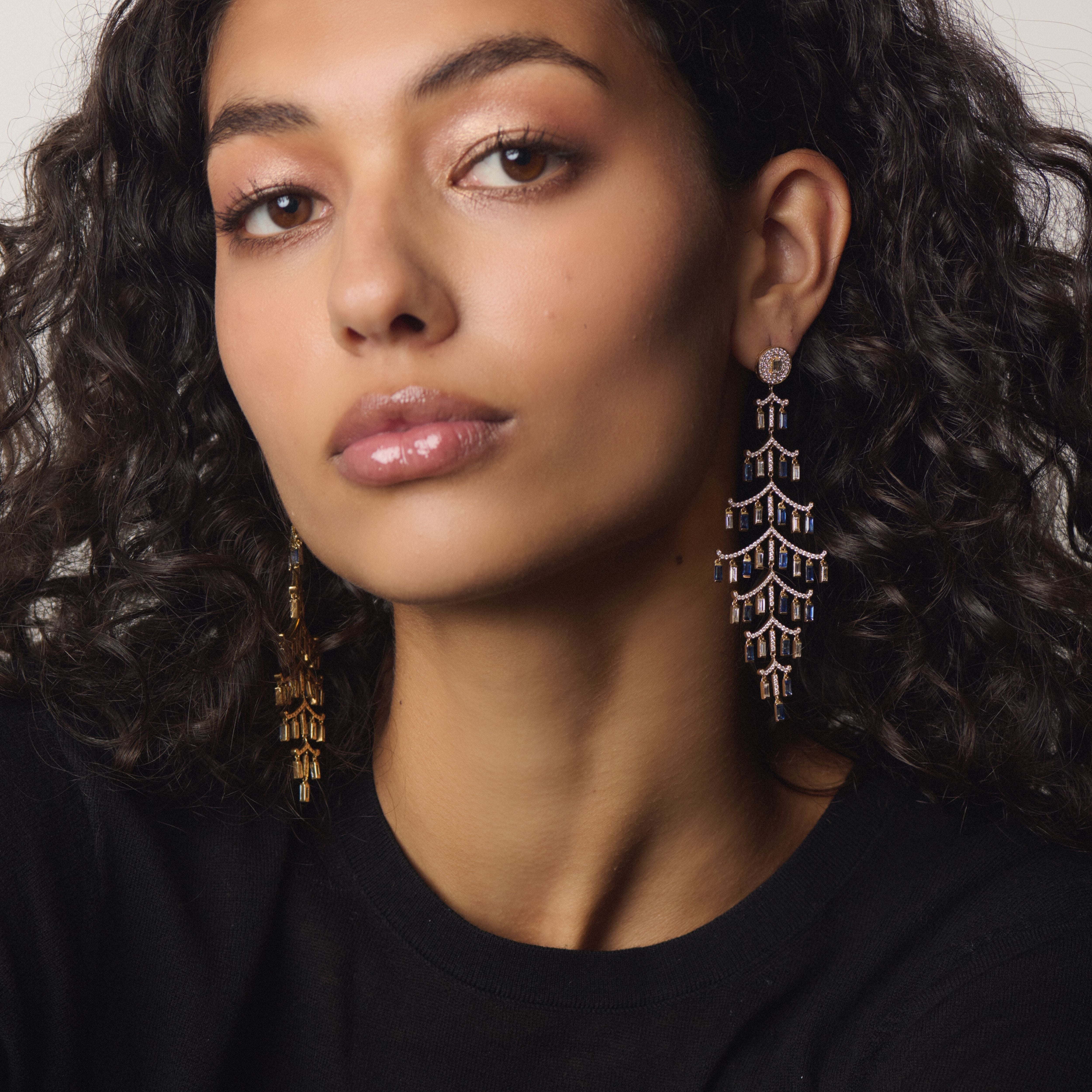 Sapphire & Diamond Waterfall Earrings in Yellow Gold