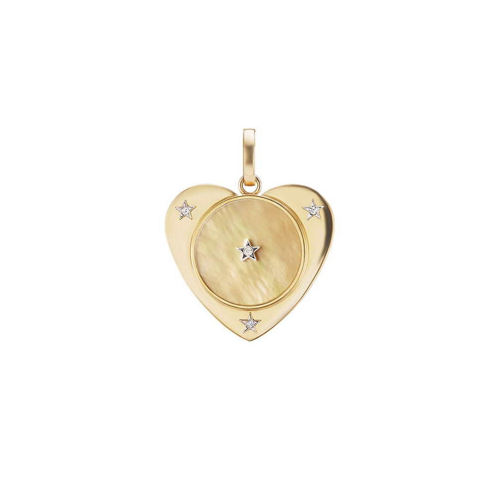 A yellow gold Mother of Pearl Heart Charm with a diamond in the center from Anna Maccieri Rossi.