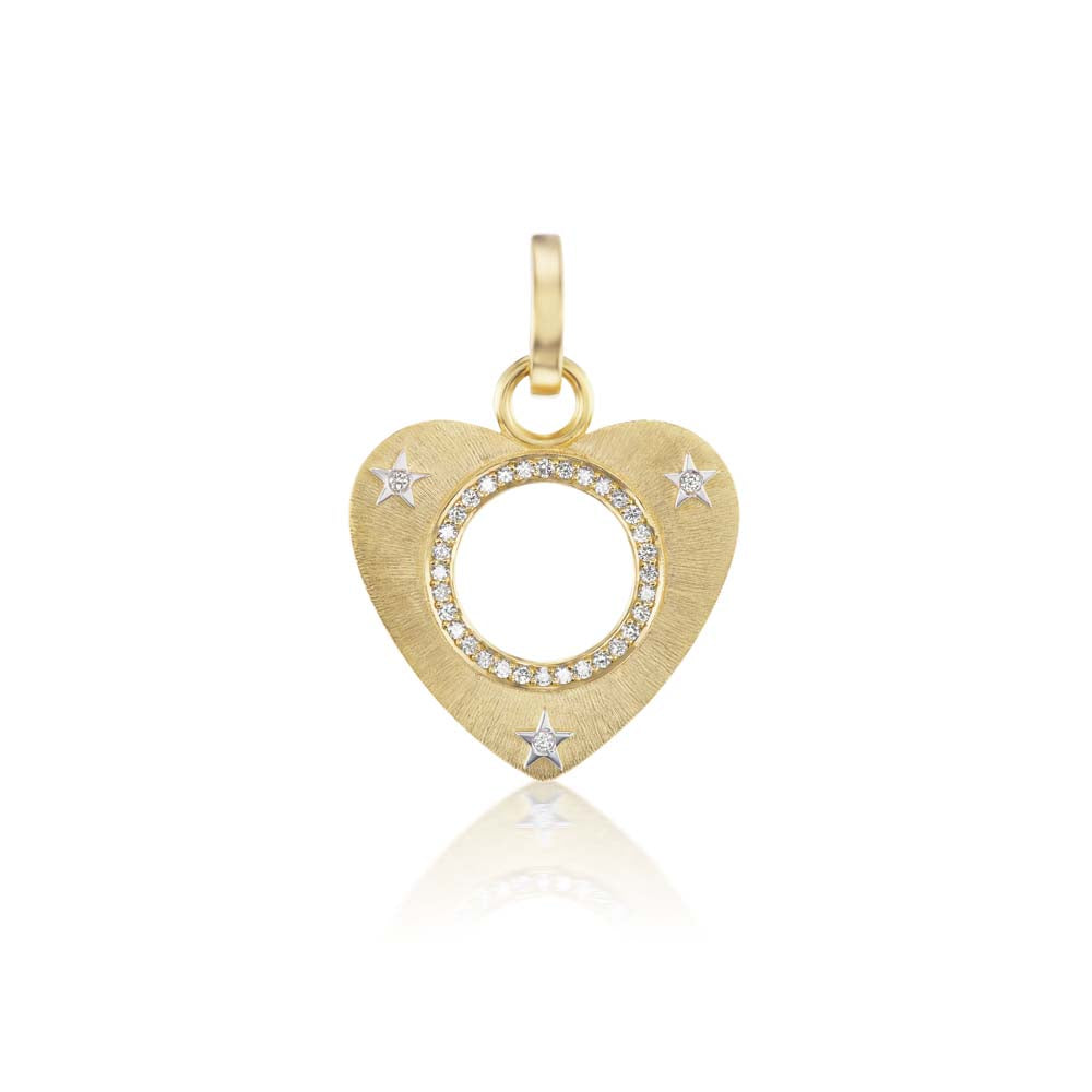 A Silk Finish Yellow Gold Hollow Heart Charm by Anna Maccieri Rossi with dazzling white diamonds accentuating it and an open center.
