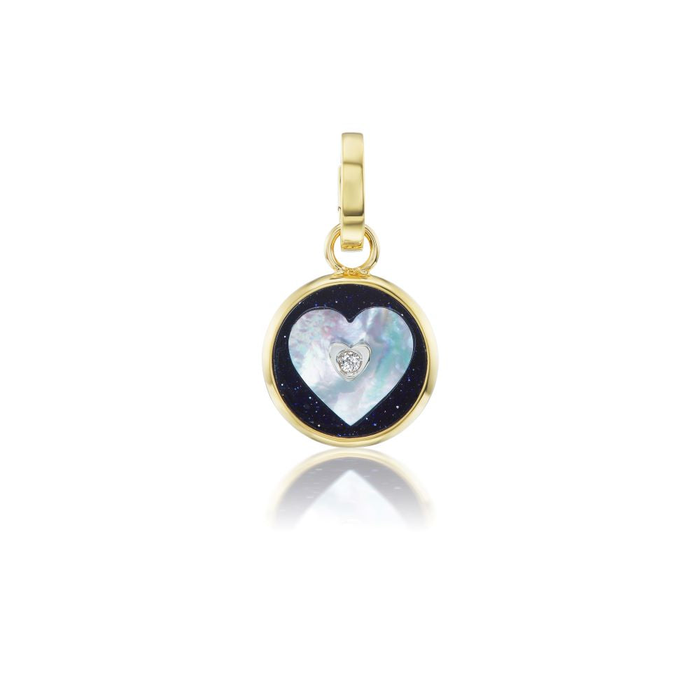 A Mini Ora Midnight In Love Charm by Anna Maccieri Rossi, with a mother of pearl, diamond, and 18k yellow gold.