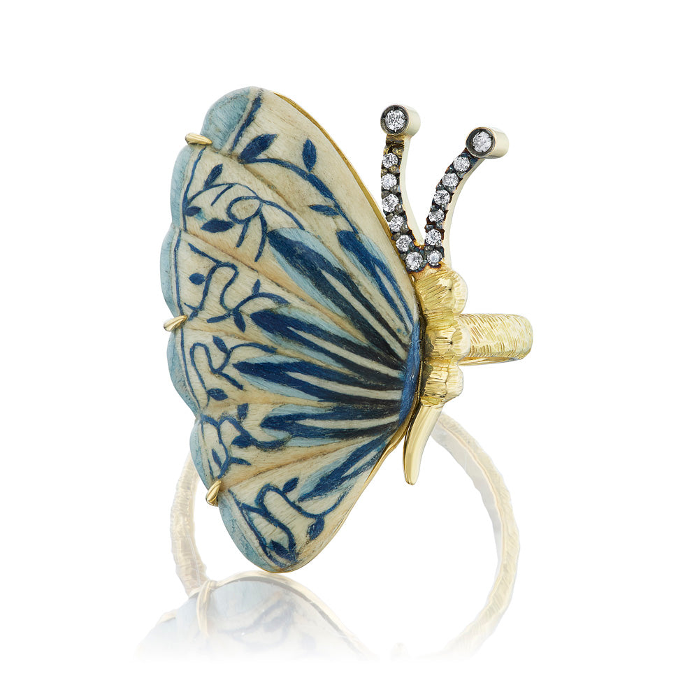 Blue and Ivory Marquetry Butterfly Ring