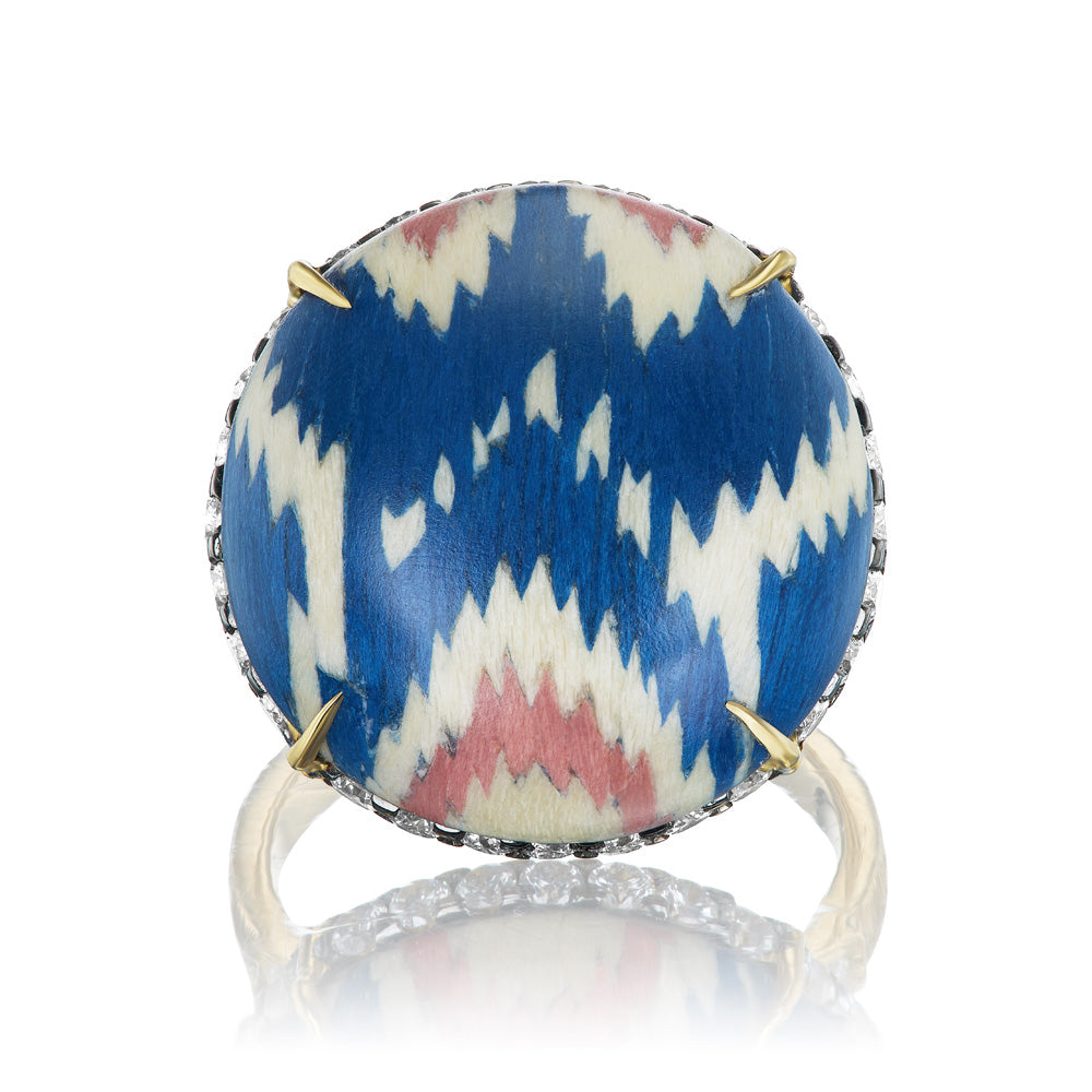 A Silvia Furmanovich Blue Ikat Ring with a marquetry design featuring a blue and pink ikat print.
