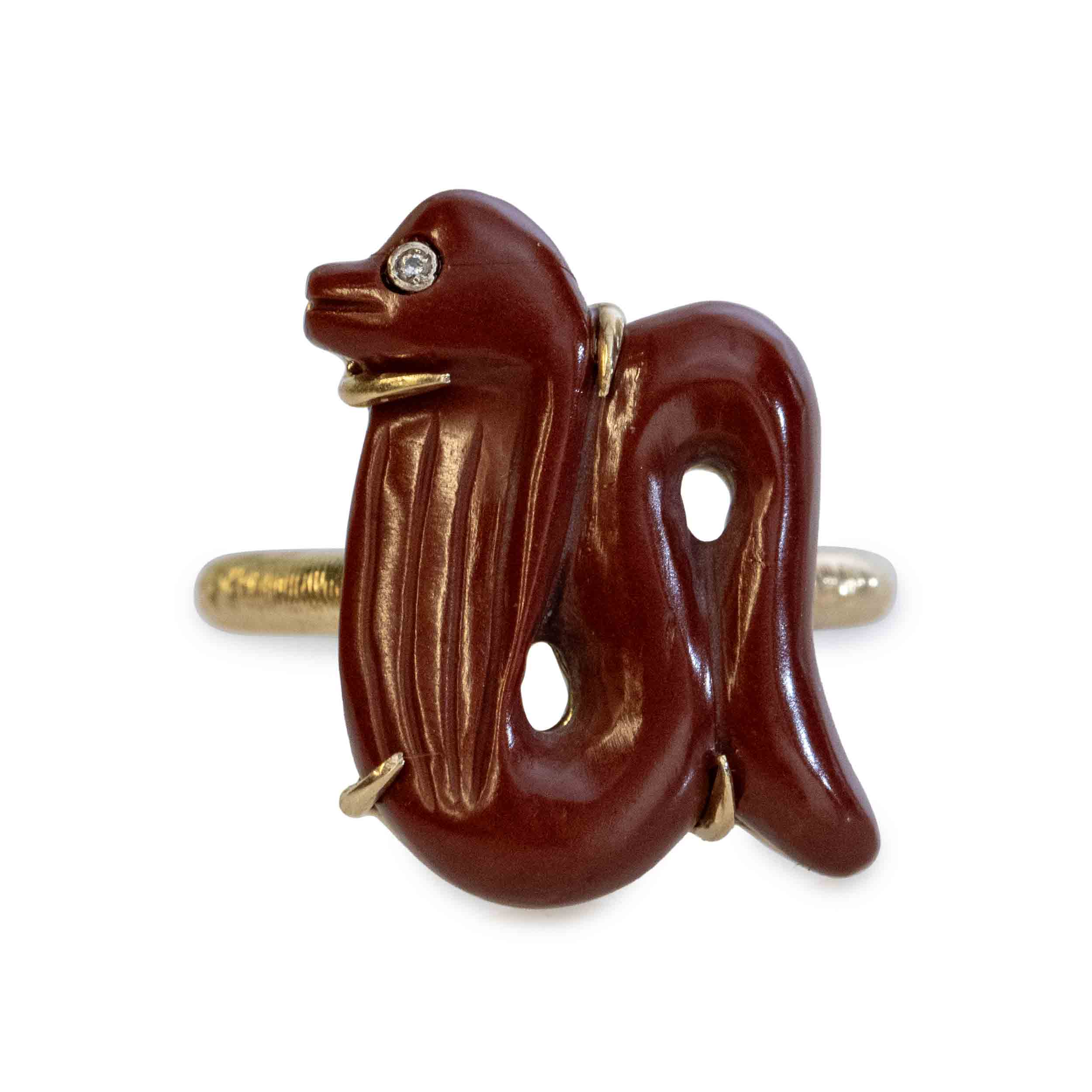 Red Jasper Asp Snake Amulet Ring in Yellow Gold