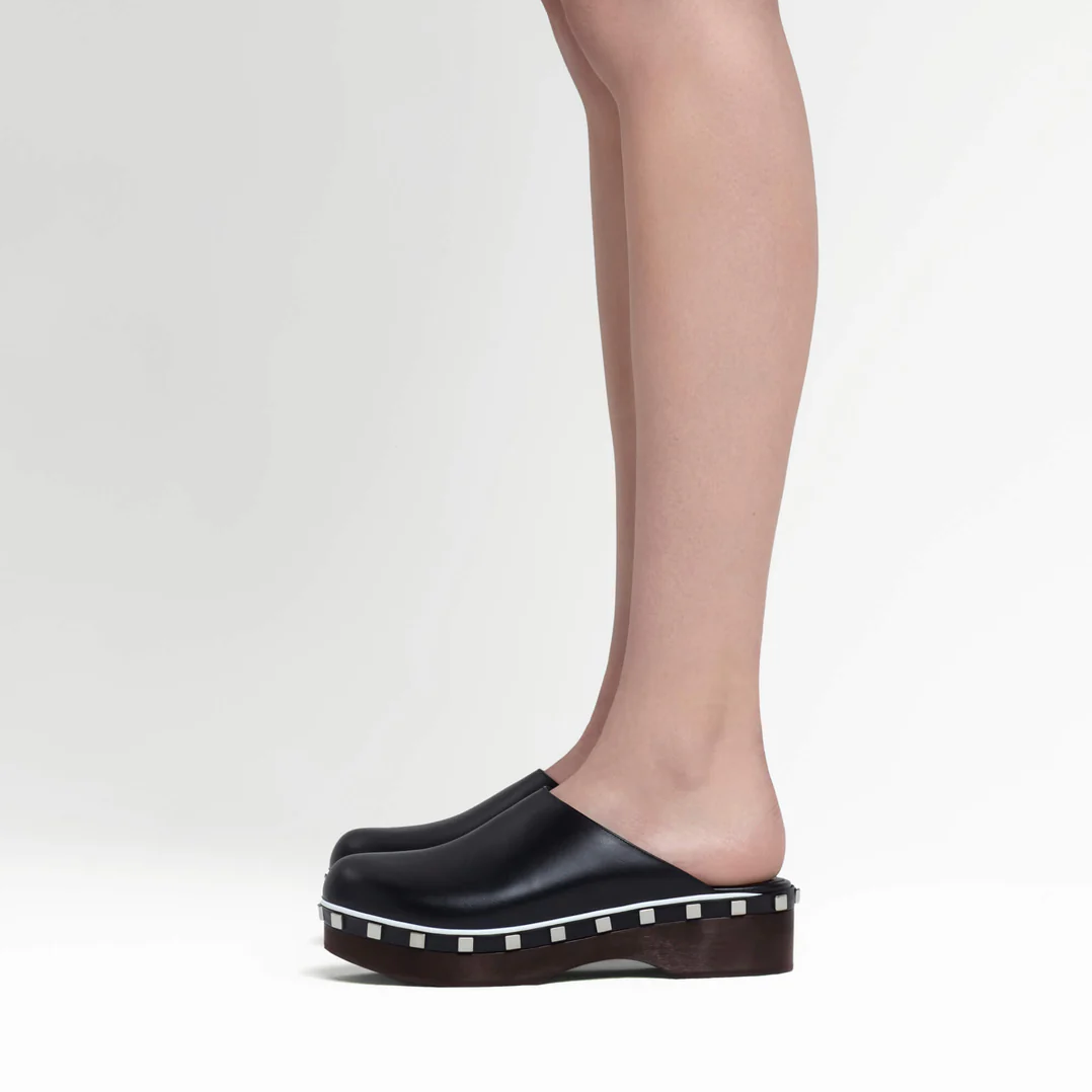 Black Calf Leather Clogs