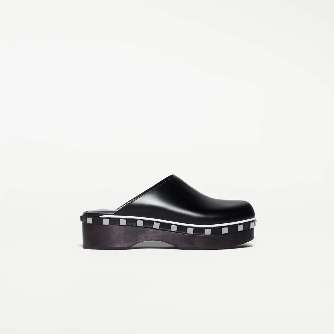 Black Calf Leather Clogs