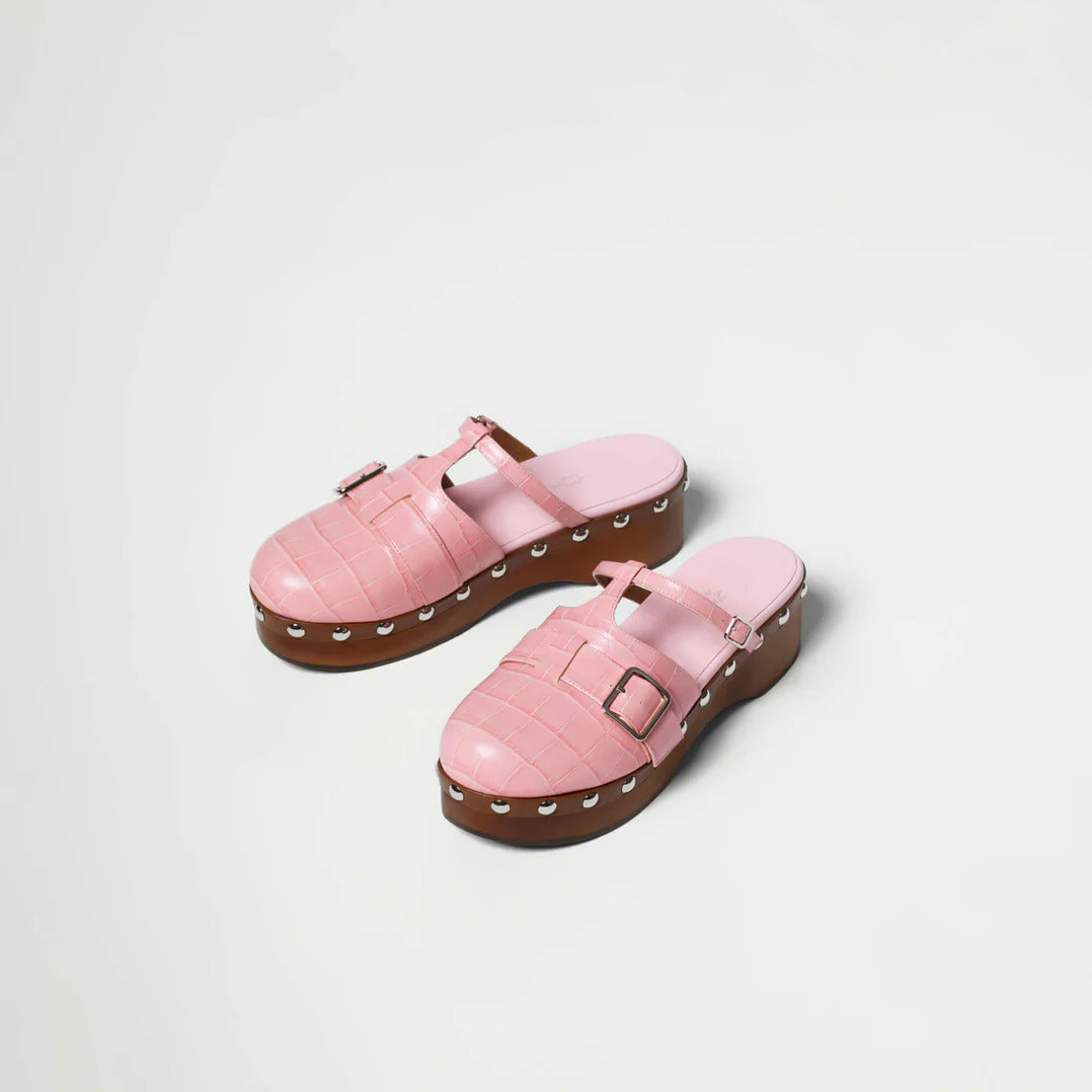 Pink Embossed Calf Leather Clogs