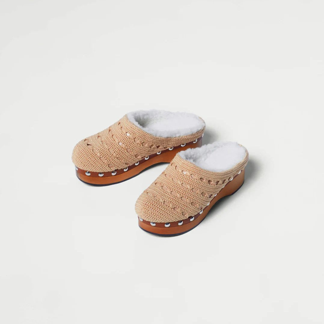 Beige Knit & Shearling Clogs