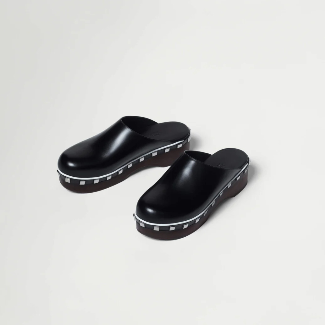 Black Calf Leather Clogs