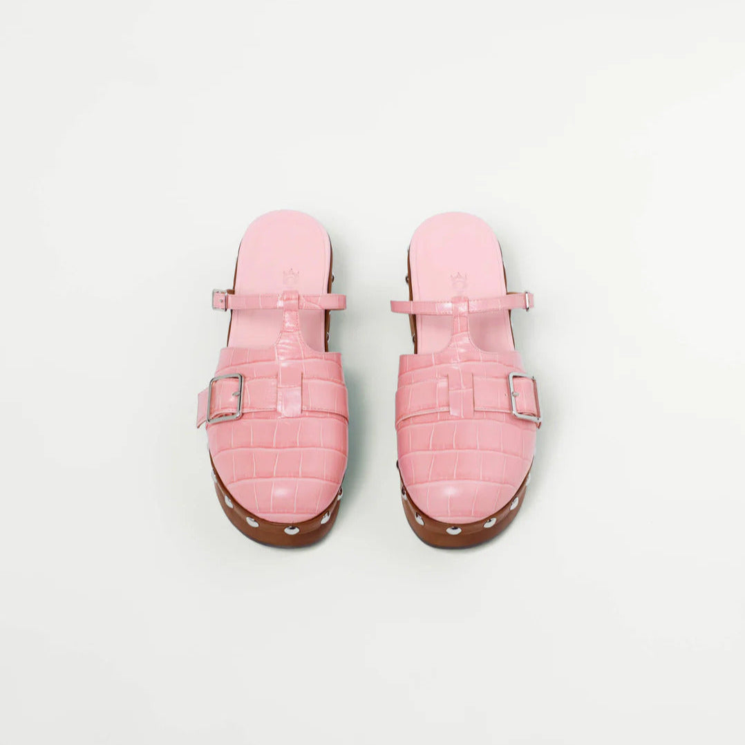 Pink Embossed Calf Leather Clogs