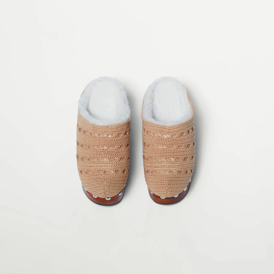 Beige Knit & Shearling Clogs