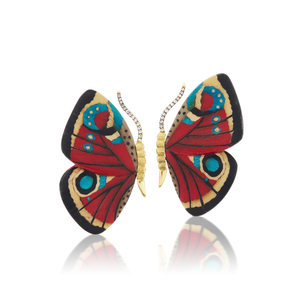 Red Marquetry Butterfly Earrings with Diamond and Ruby
