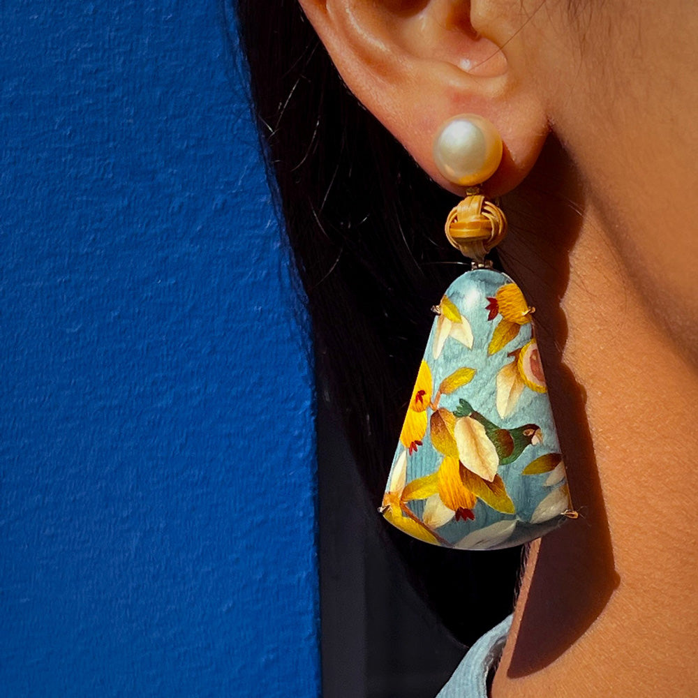 Tropical Citrus Marquetry Earrings with Pink Pearl