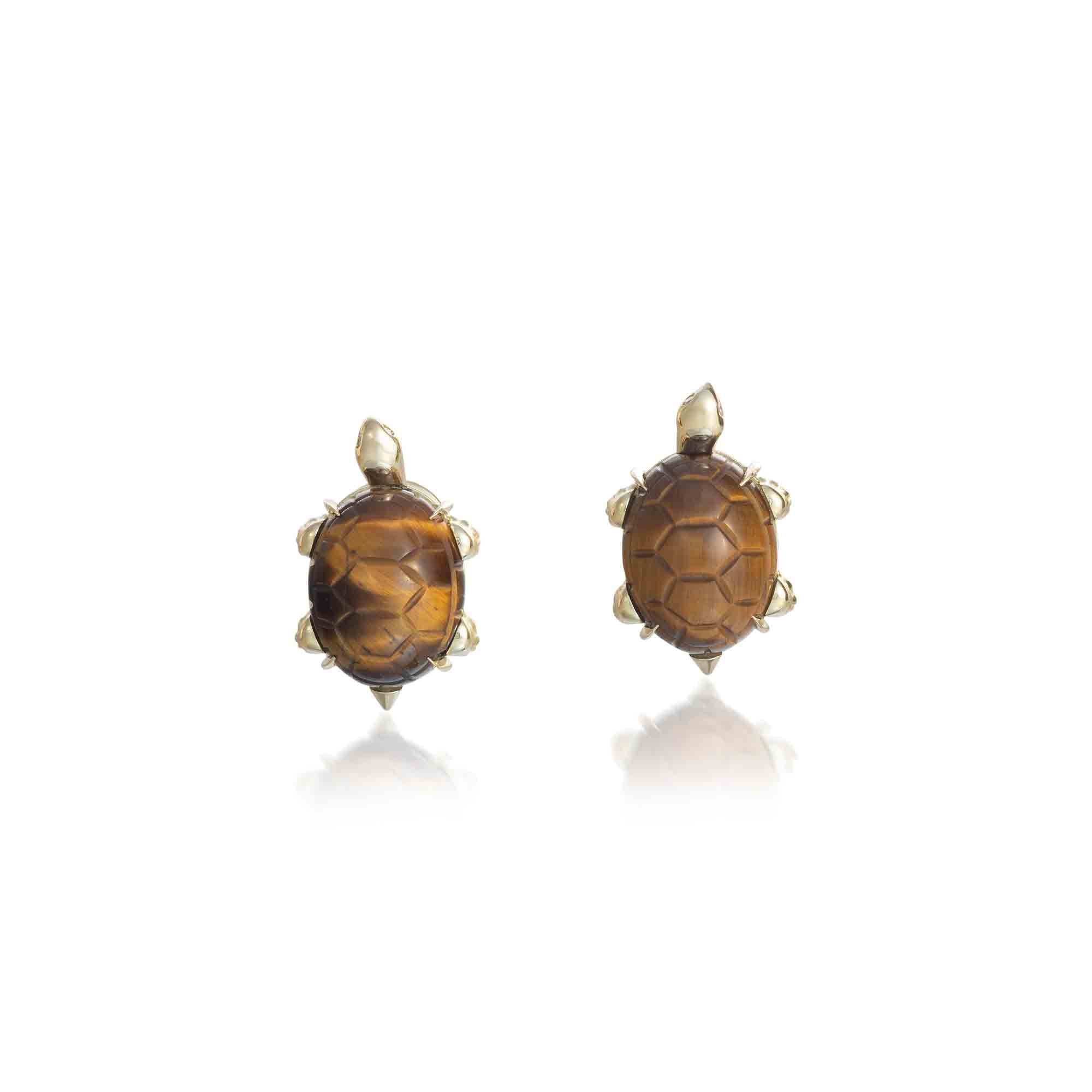 Miniature tiger's eye turtle earrings with diamonds in yellow gold