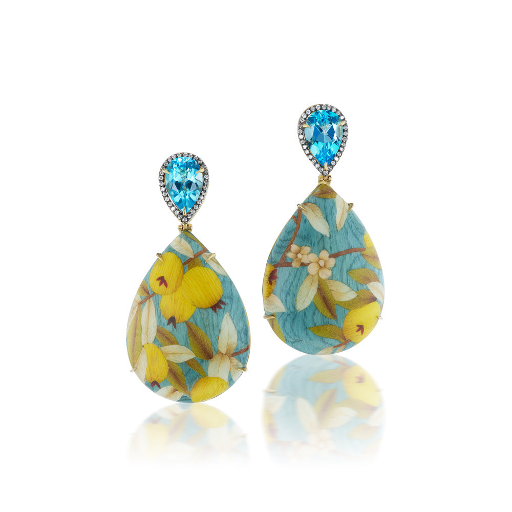 Tropical Citrus Marquetry Earrings with Blue Topaz