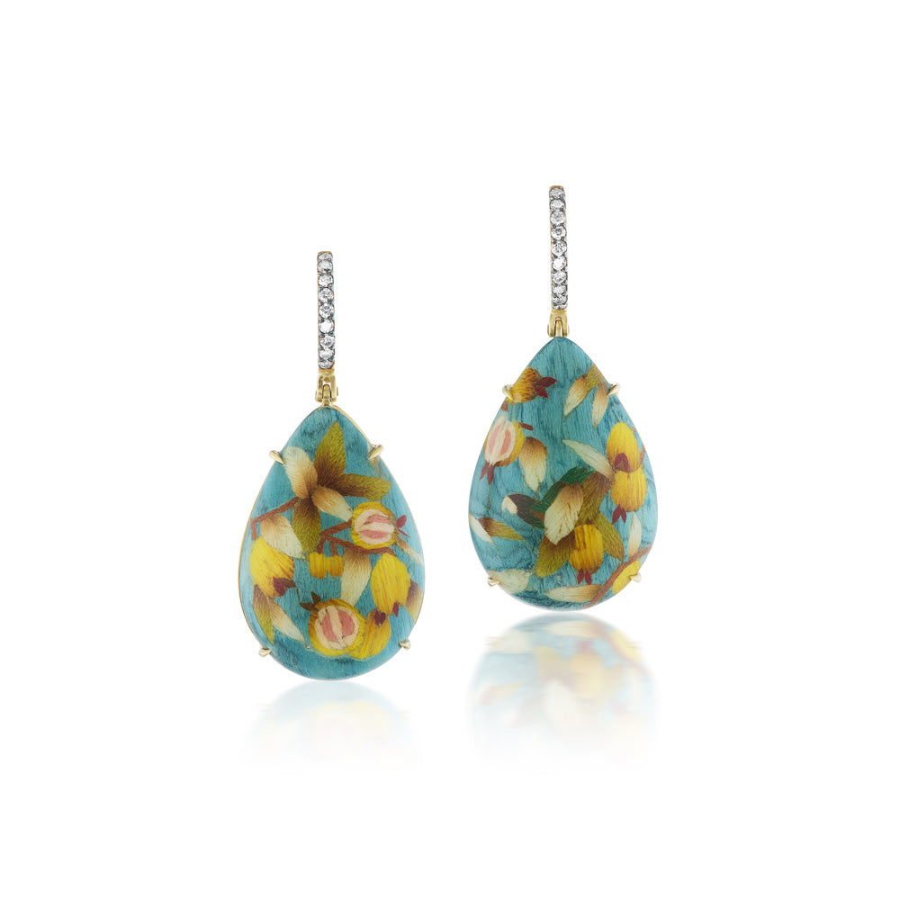 Mini Tropical Citrus Marquetry Drop Earrings with Diamond