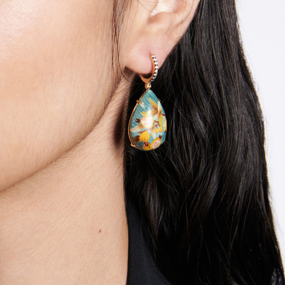 Mini Tropical Citrus Marquetry Drop Earrings with Diamond