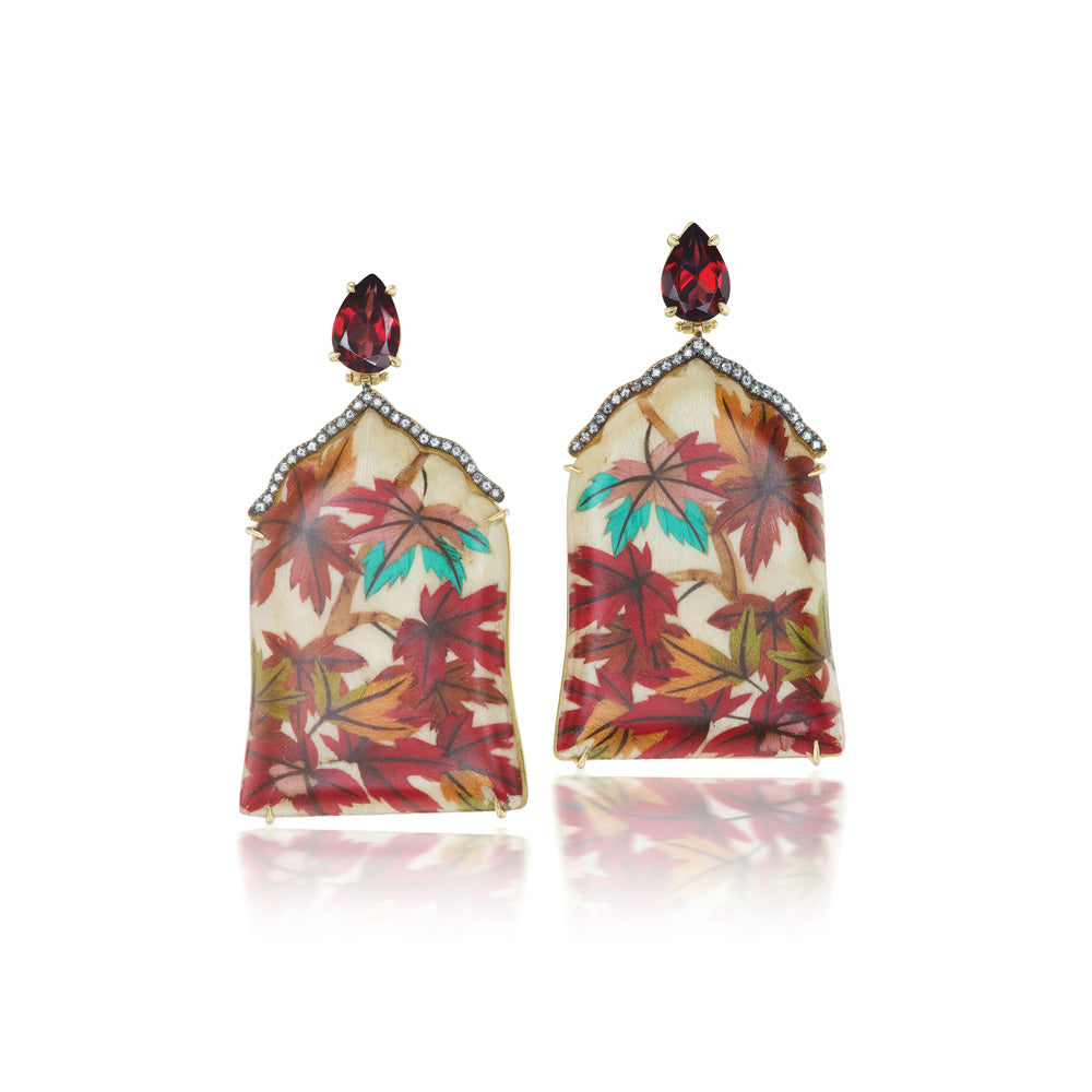 Autumn Leaves Drop Earrings with Garnet and Diamond