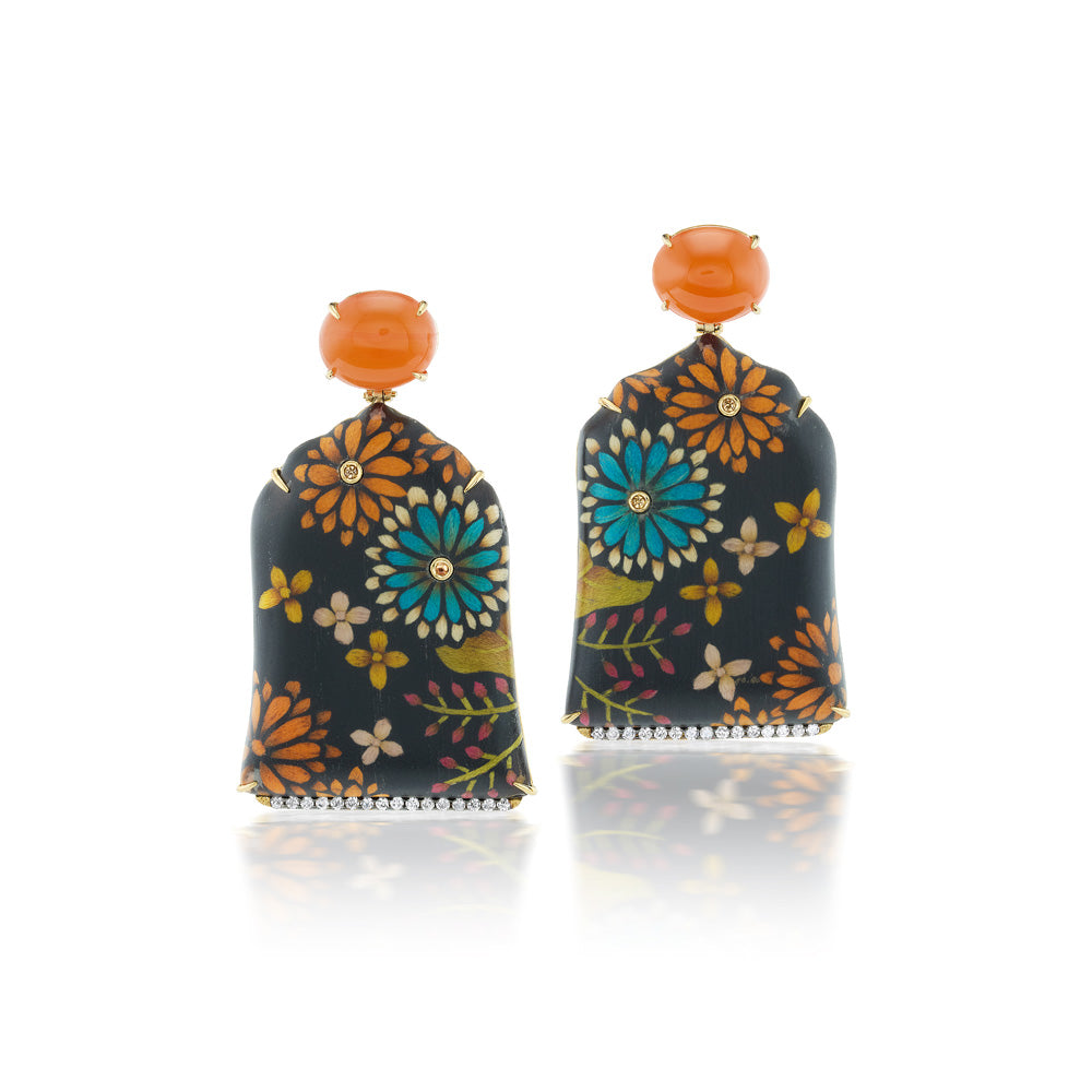 Trapezoid Floral Marquetry Drop Earrings