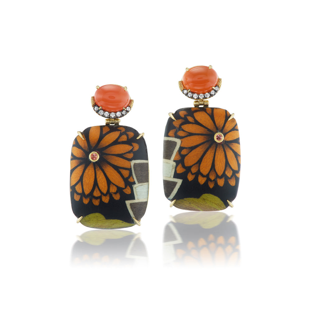 Orange and Brown Floral Marquetry Drop Earrings