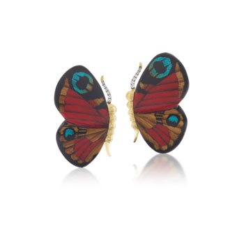 Butterfly Earrings with Orange, blue and black marquetry pattern