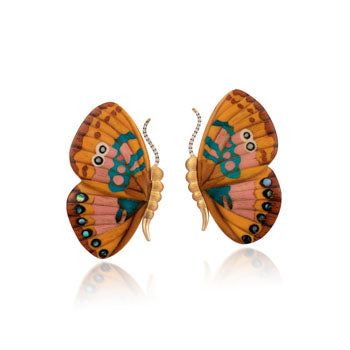 Butterfly Marquetry Earrings with Yellow, Blue and Pink in Yellow Gold