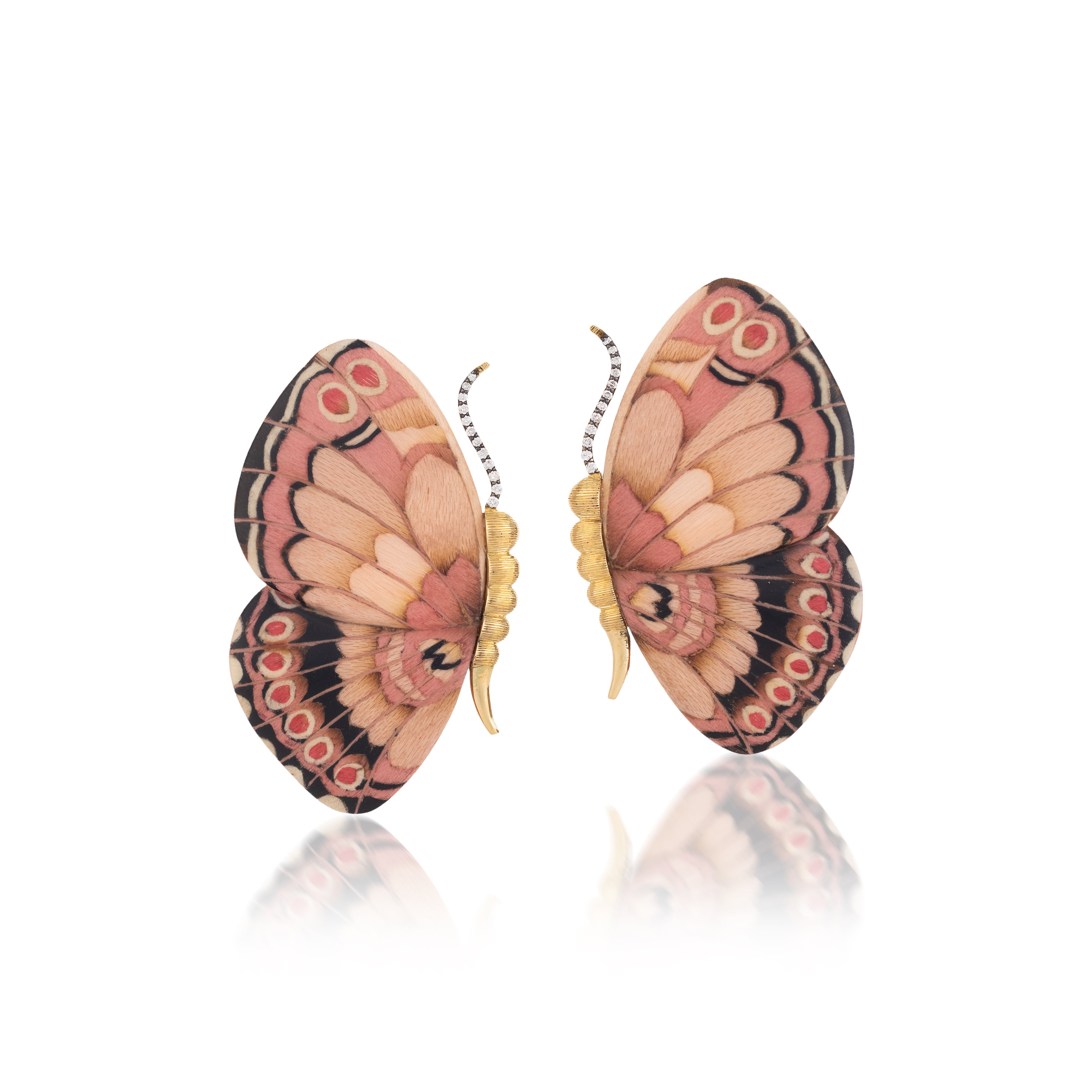 Marquetry earrings with butterfly wing shape