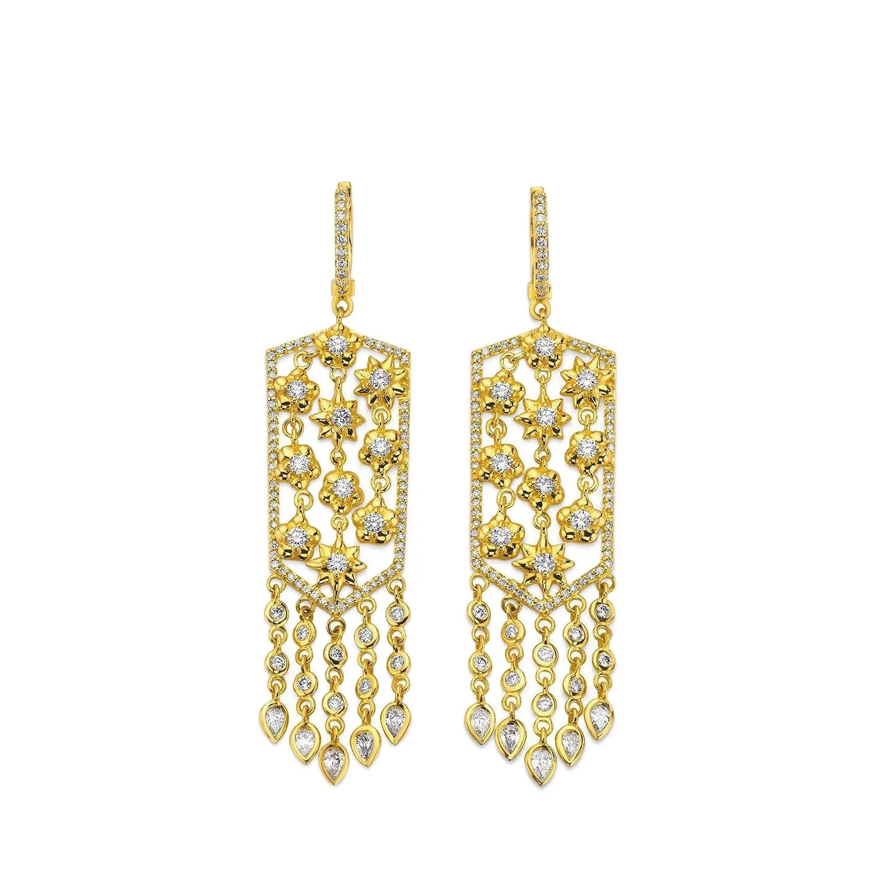 White Diamond and Yellow Gold Mesh Flower Filigree Earrings