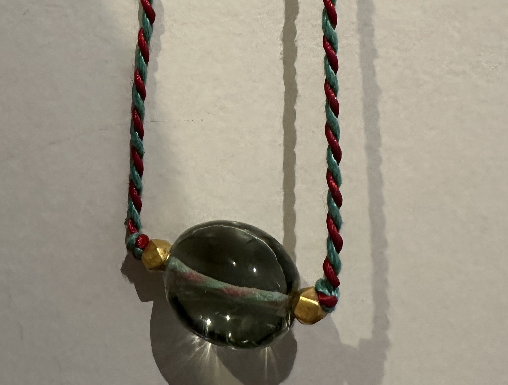 Green Amethyst Chota Cord Necklace with Twisted Red and Blue Thread