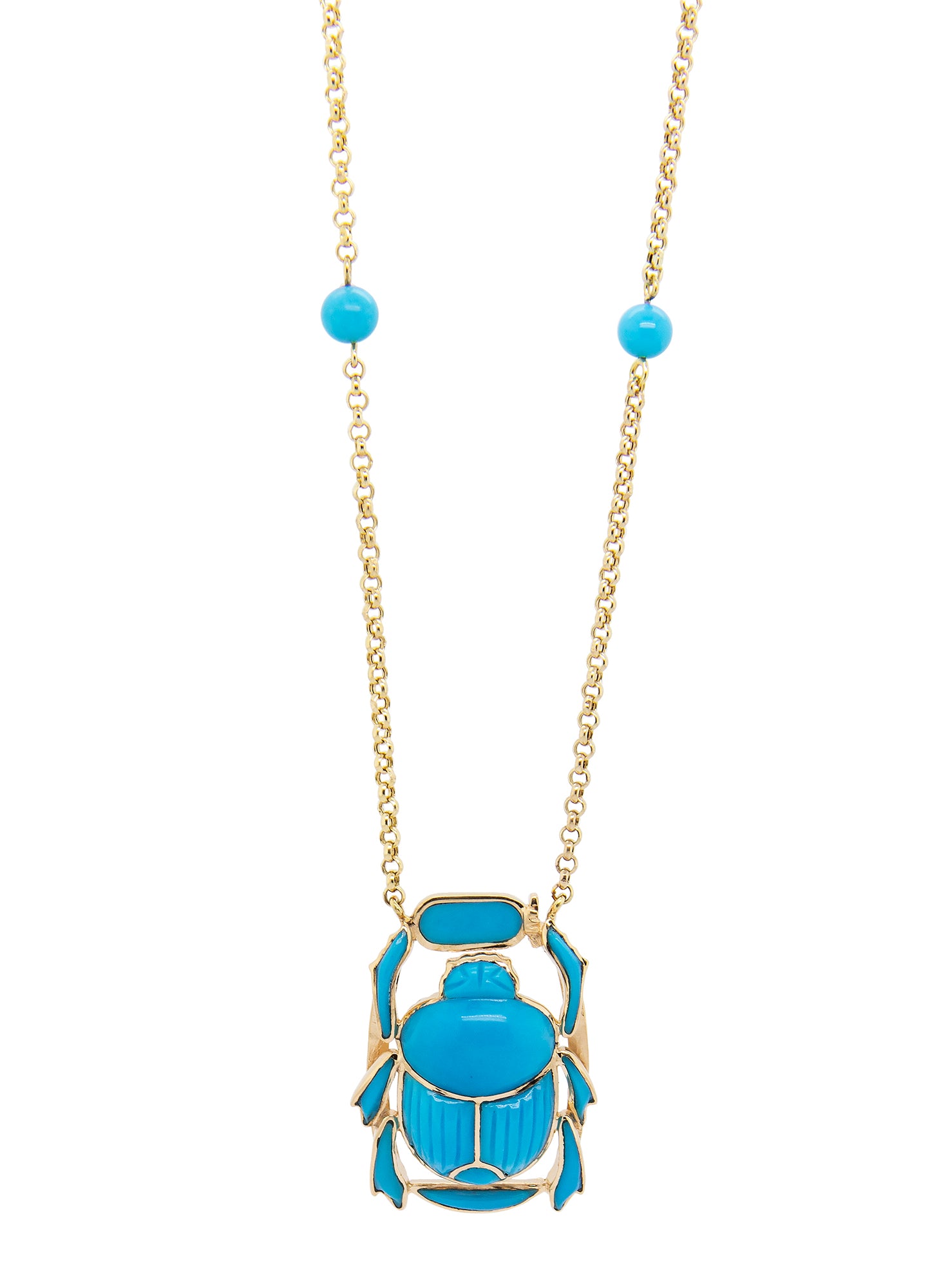 Turquoise Egyptian Scarab Necklace in Yellow Gold