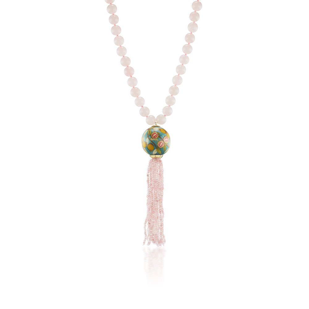 Beaded Rose Quartz Necklace with Marquetry Sphere