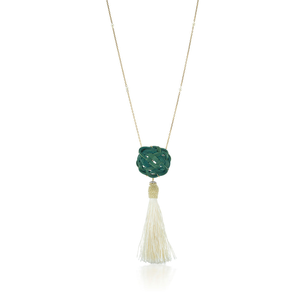 Green & White Woven Bamboo Tassel Necklace