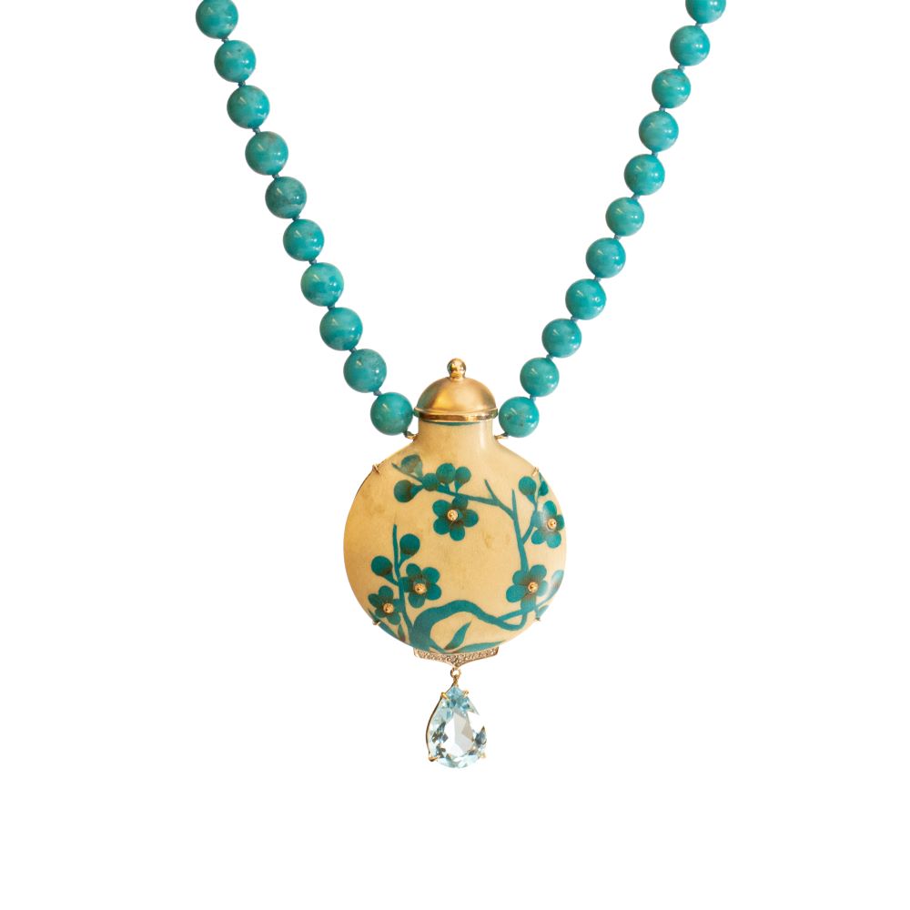 A Marquetry Amphora Necklace by Silvia Furmanovich, with turquoise beads and a turquoise pendant, featuring a diamond accent.