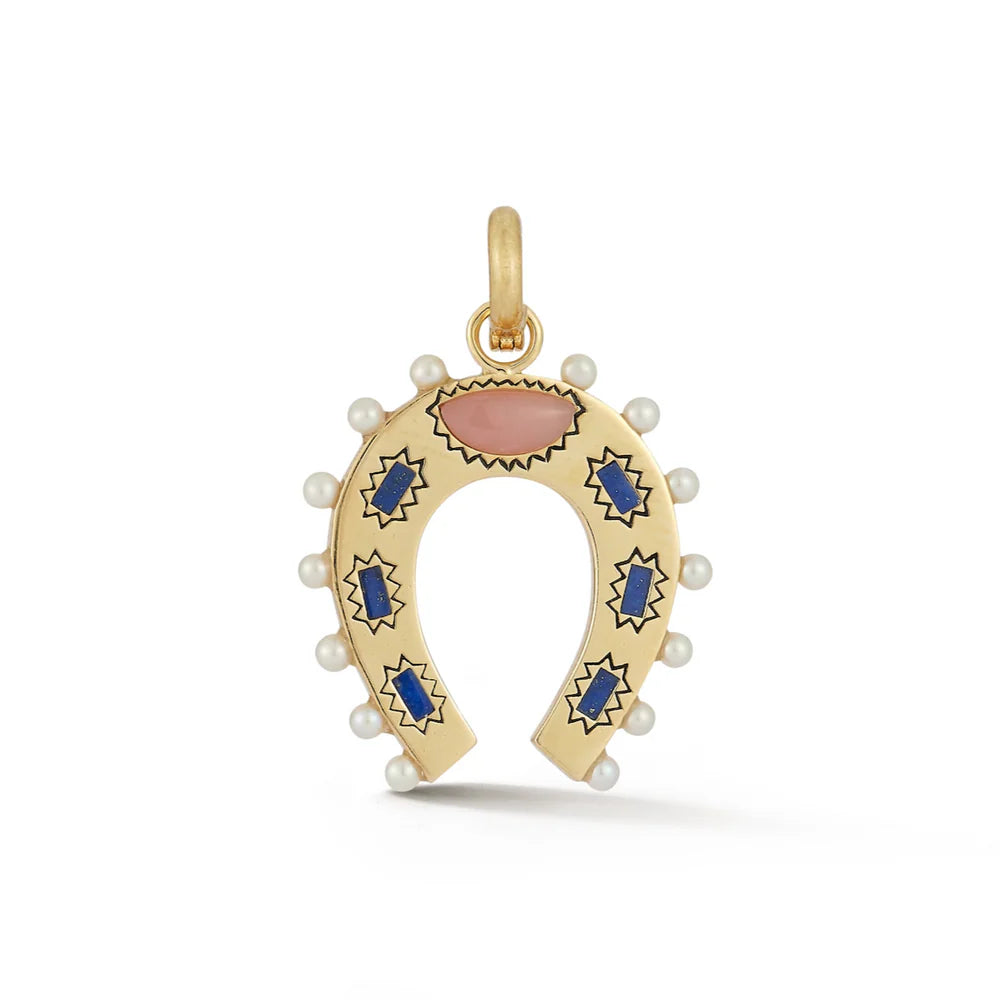 Lapis Pearl and Pink Opal Holly Horseshoe Charm in Yellow Gold